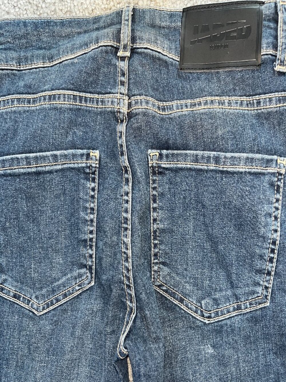 JADED LONDON Y2K Distressed Ripped Side Snap Skinny Flare Blue Denim Jeans - 25 - Picture 7 of 14
